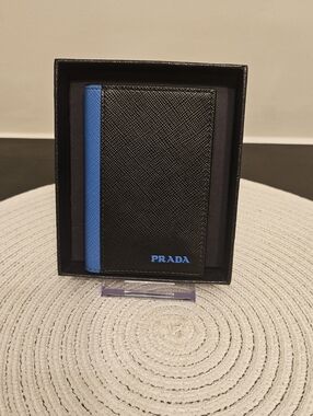 PRADA Saffiano Active Card Holder Wallet Nero + Marea (Black/Blue) w/ Box